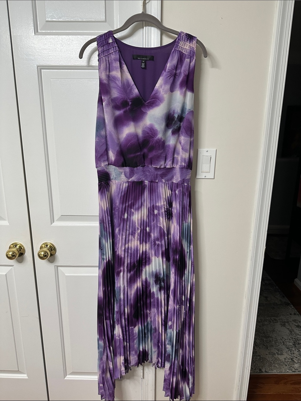 Purple Floral Pleated V-Neck Women's Dress